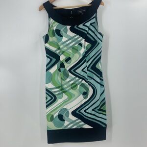 Connected apparel black turquoise multi print geometric print sheath dress